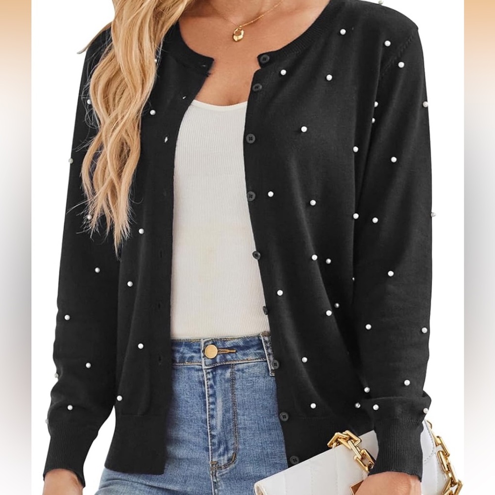 Grace Karin Black Pearl-Studded Button Cardigan